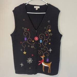 Kim Rogers Christmas Sweater Vest Petite L Reindeer Sequin Embellished Party